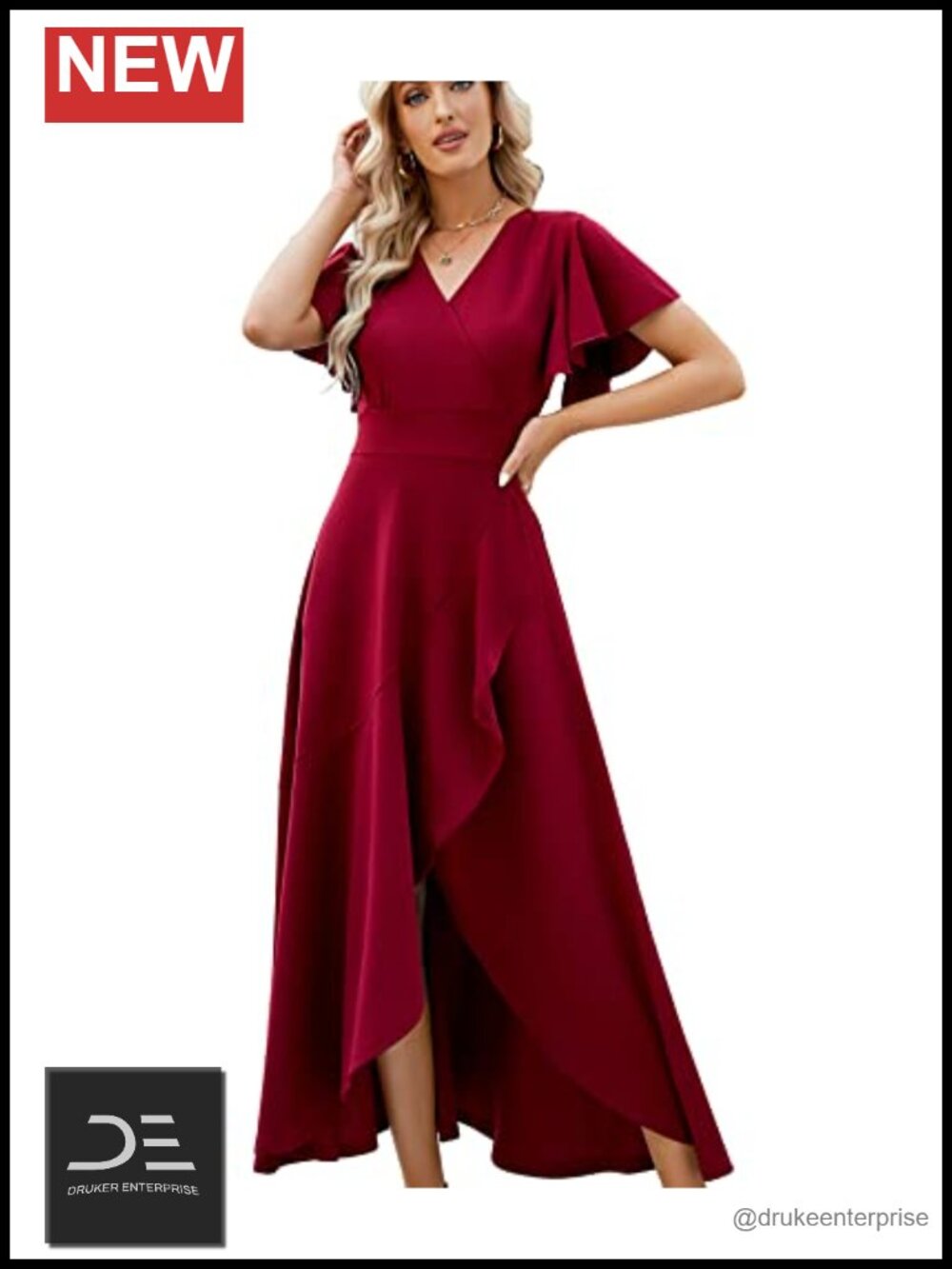 Formal Evening Gown V Neck Ruffled Sleeves Slit A-Line Stretch